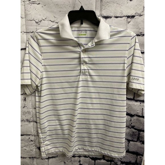 ❤️ 3/$15 Izod Performance Golf Mens Polo Shirt S  White Green Navy striped S/S - Picture 1 of 7